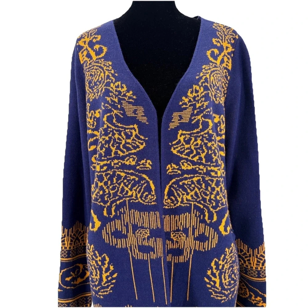 Attitudes by Renee Sweater XS Global Illusions Navy/Mustard Open‎ Front Cardigan